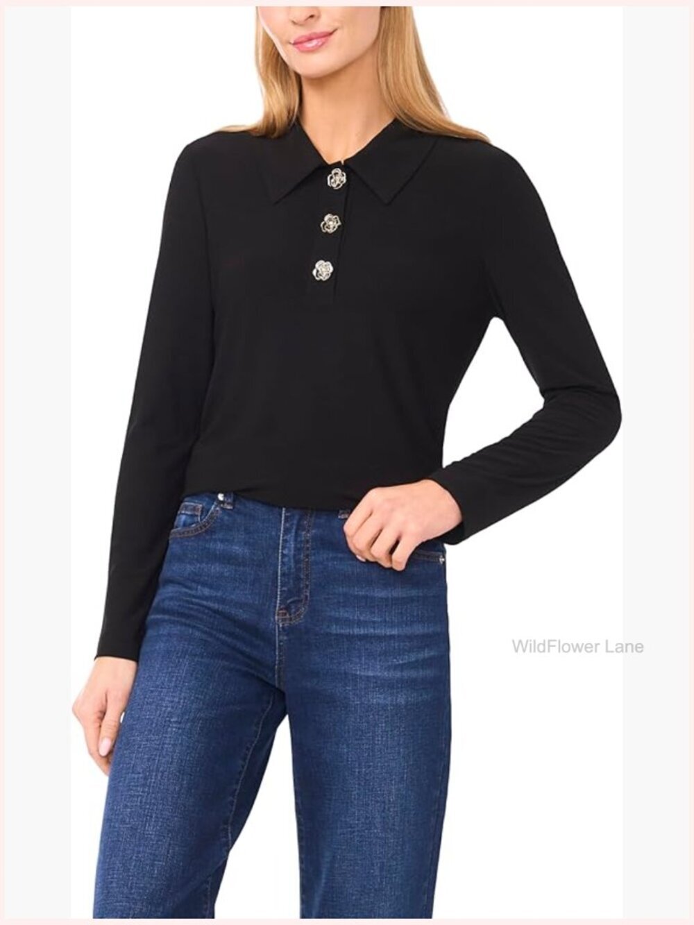 Long Sleeve Half Placket Collared Knit Top Blouse